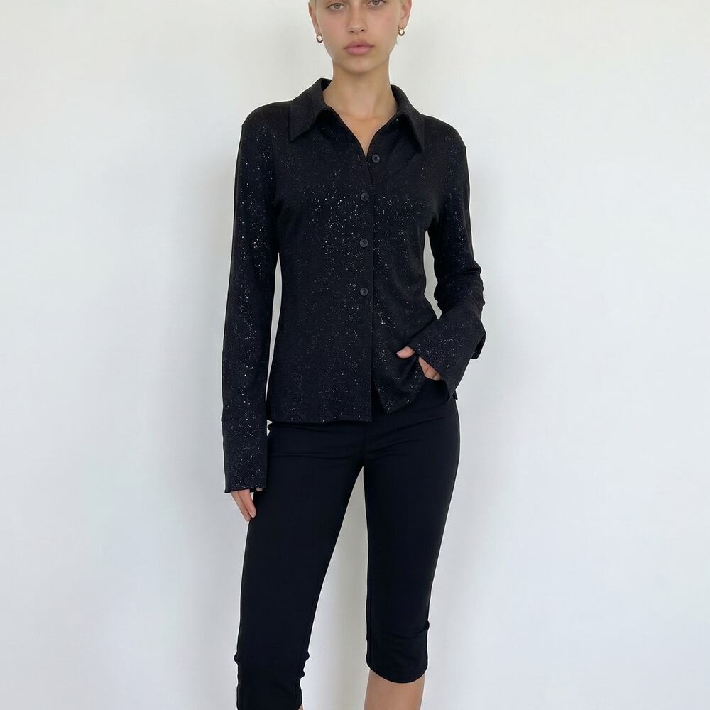 Vintage euro Y2K black slinky mesh shimmer button up top (M)